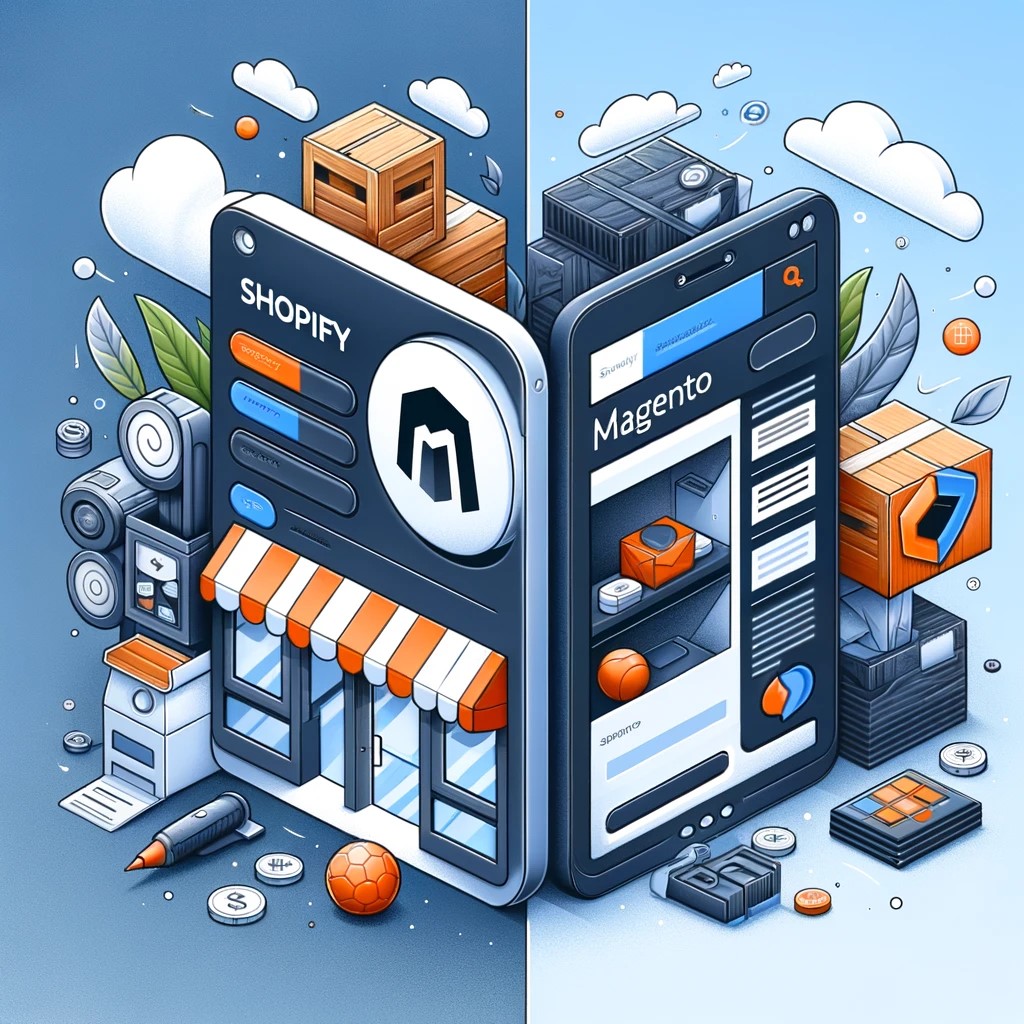 A comparative digital illustration showing two distinct sections_ one representing Shopify and the other Magento.