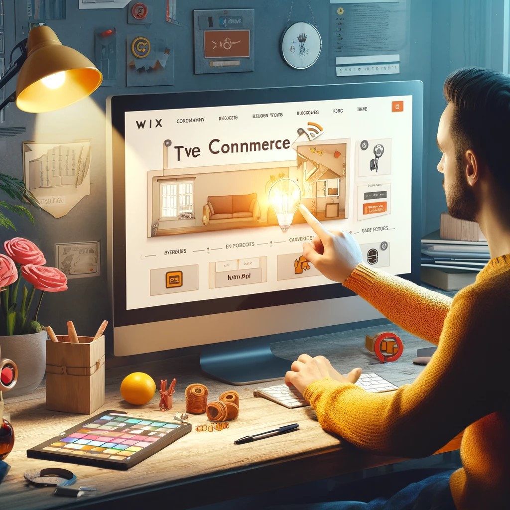 A creative depiction of an individual using Wix to design an e-commerce site.