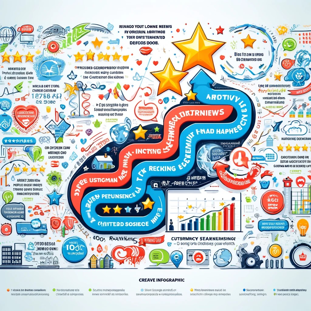 A creative infographic showing the impact of positive online reviews and ratings on local search rankings and business reputation.