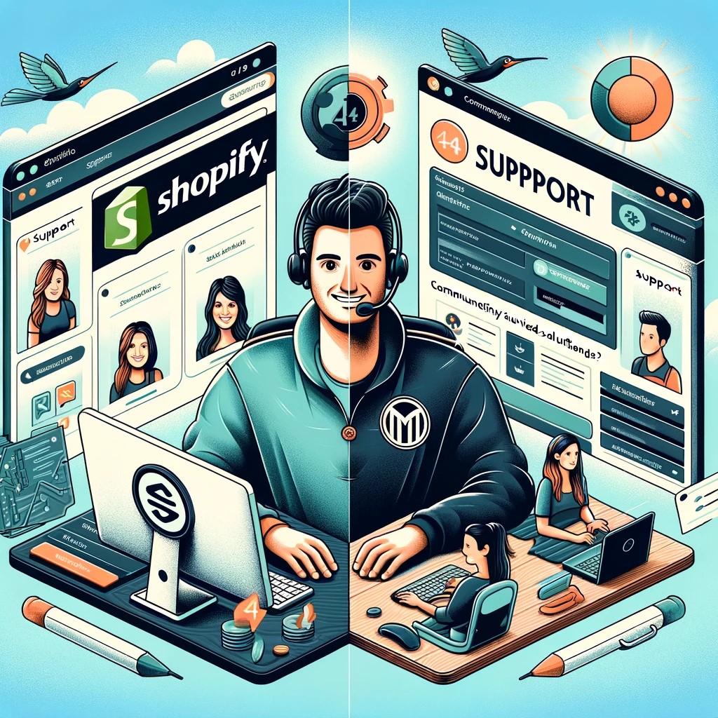 A detailed digital illustration highlighting the customer support services offered by Shopify and Magento.