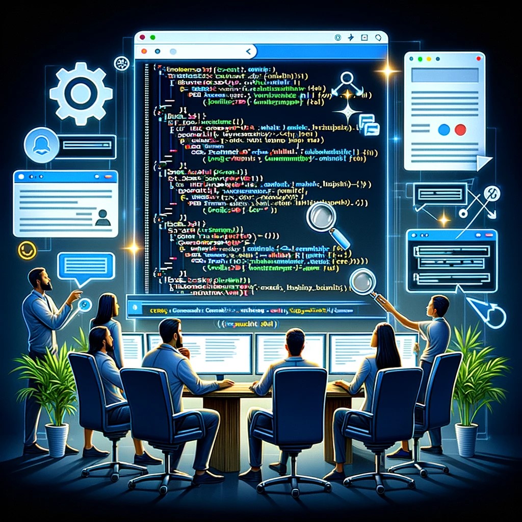 A detailed illustration of an ecommerce team reviewing their website's structured data markup.