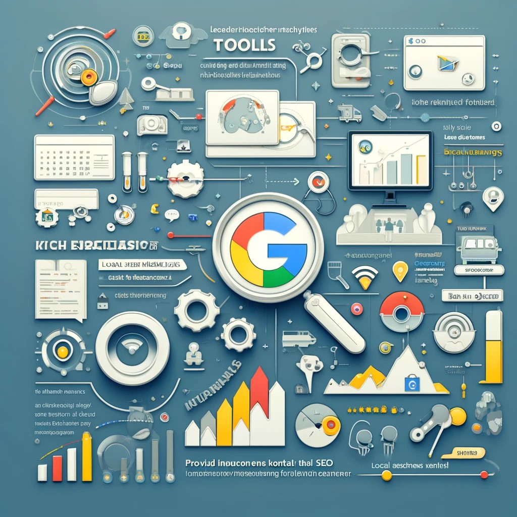 A detailed infographic showcasing the essential tools for local SEO analytics, including Google Analytics and Google My Business Insights.