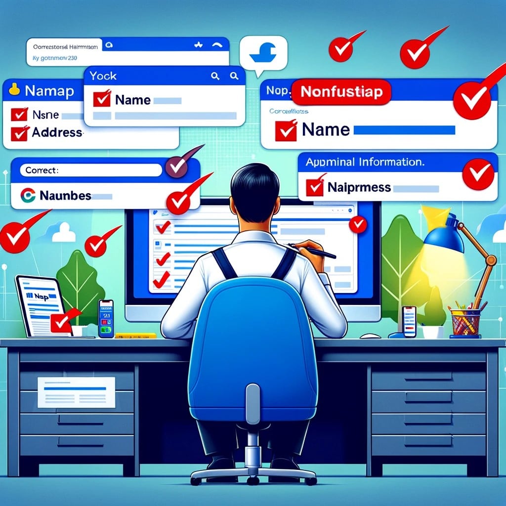 A digital illustration depicting a business owner auditing their online NAP (Name, Address, Phone number) information across various platforms.