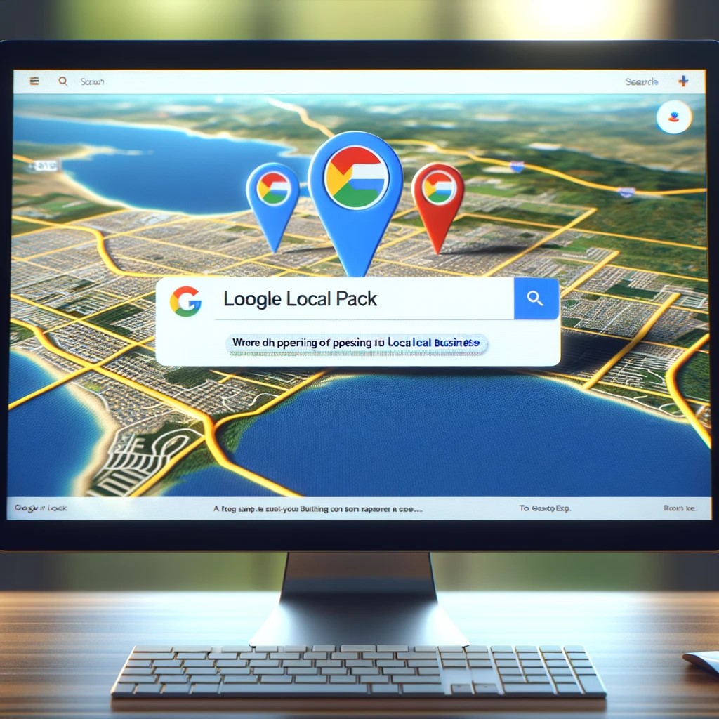 A digital illustration of the Google Local Pack feature showing on a computer screen with a map and listings of three local businesses.