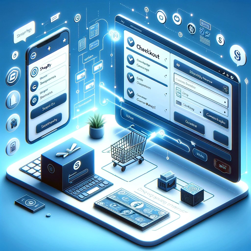 A digital visualization depicting the checkout process on Shopify and Magento platforms.