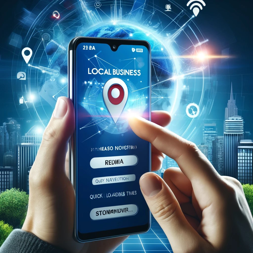 Mobile Local SEO: A dynamic digital illustration depicting a user interacting with a mobile-friendly local business website on a smartphone.