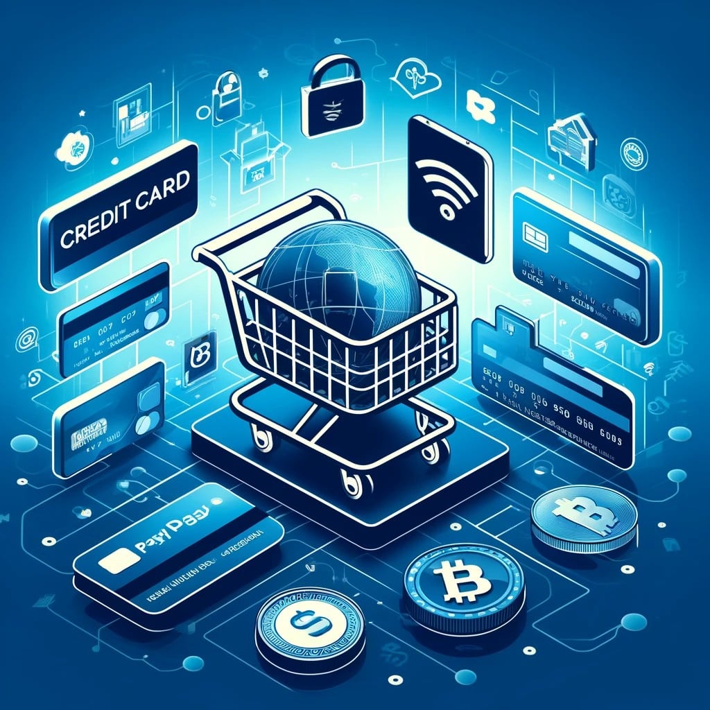 A modern digital illustration showcasing a variety of payment methods in an ecommerce setting