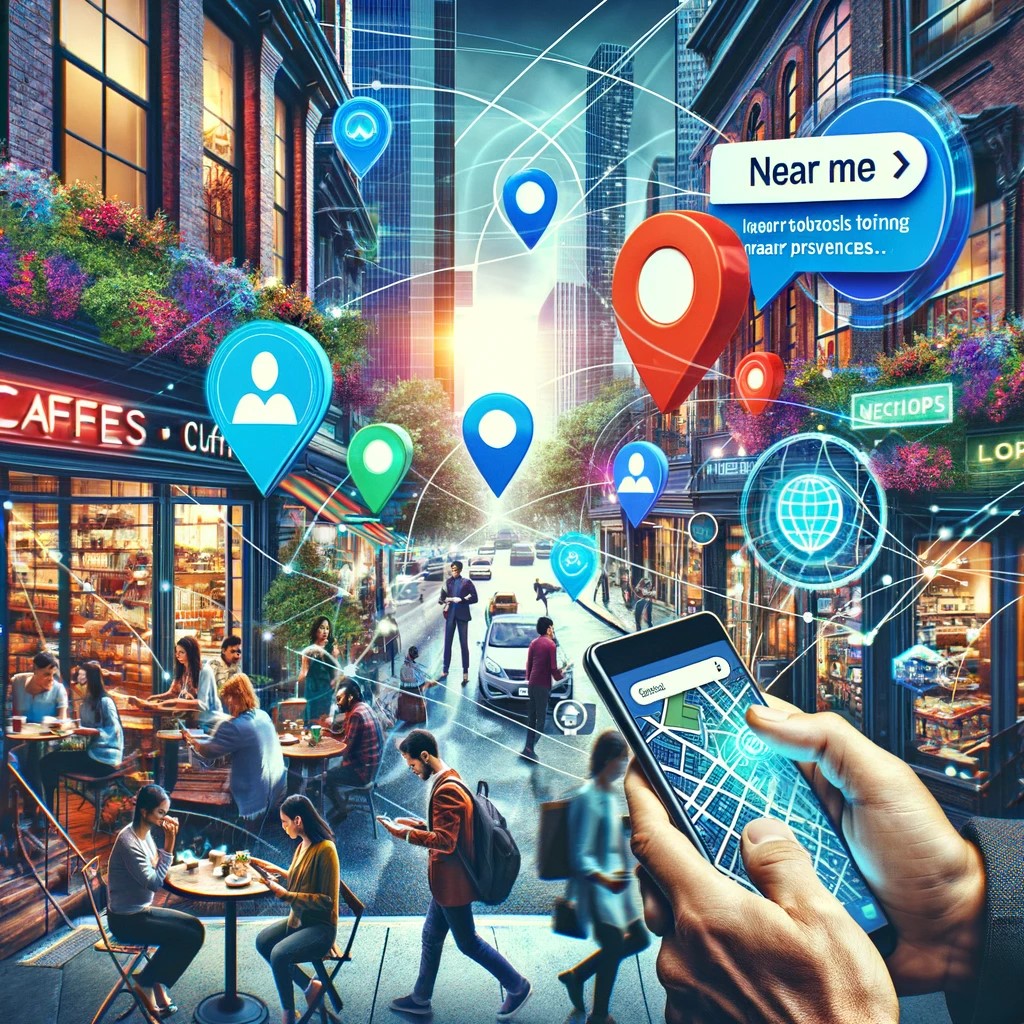 A detailed digital scene showcasing a local business leveraging social media targeting features to engage hyperlocal audiences.