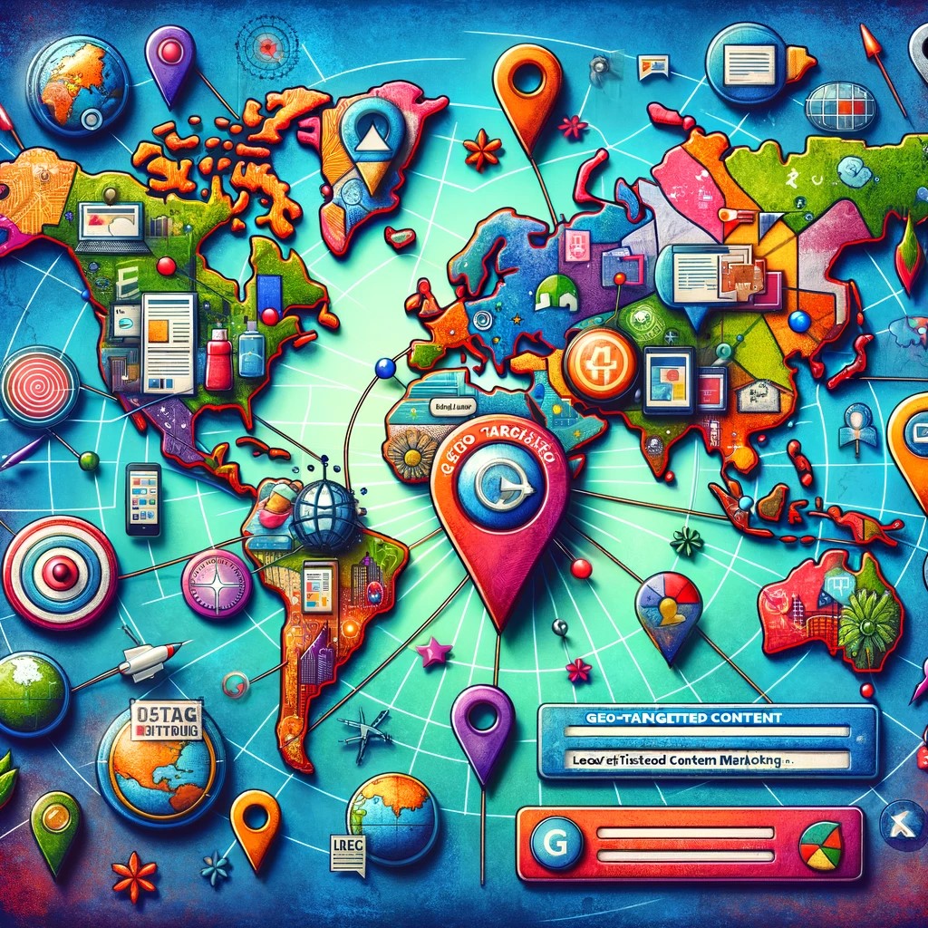 A vibrant digital collage illustrating geo-targeted content marketing.