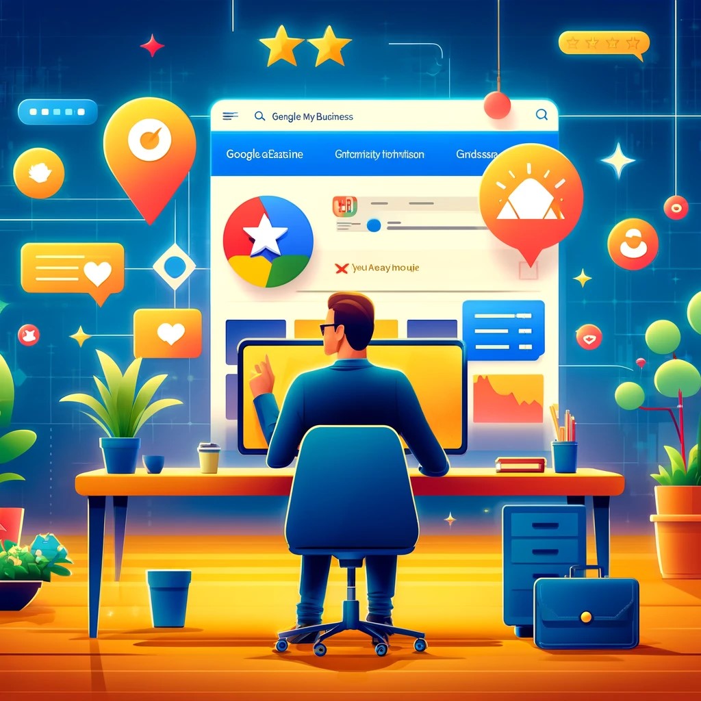 A vibrant digital illustration showcasing a business owner optimizing their Google My Business (GMB) listing.