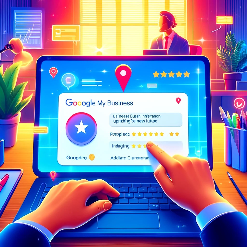 A vibrant digital illustration showing a business owner interacting with their Google My Business (GMB) listing on a laptop.