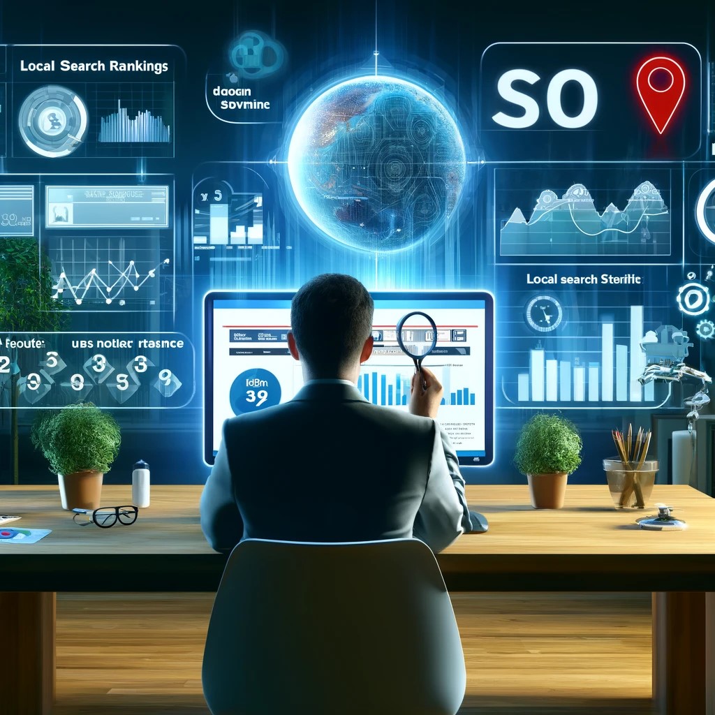 A visual scene depicting a business owner reviewing their local SEO performance metrics on a digital dashboard.