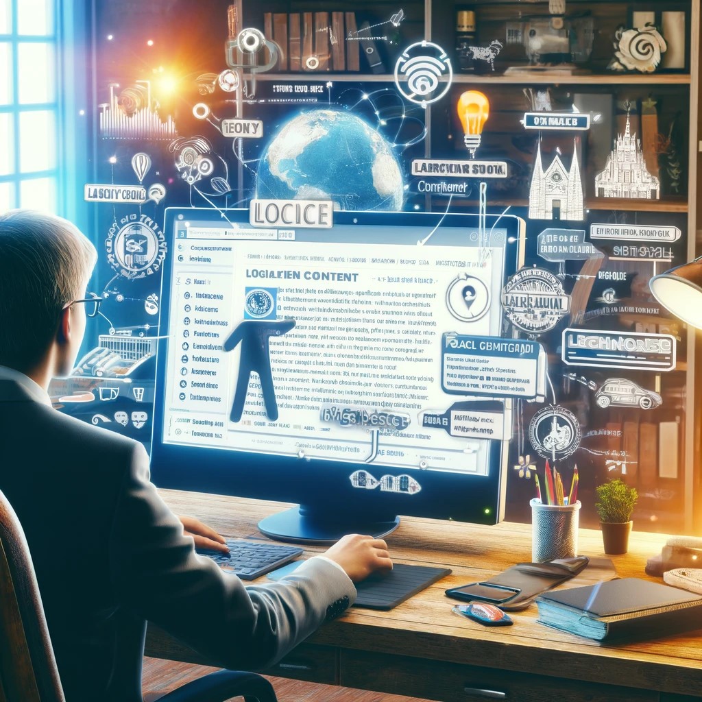 A visualization of a small business owner creating localized content on a desktop computer, set in a cozy office environment