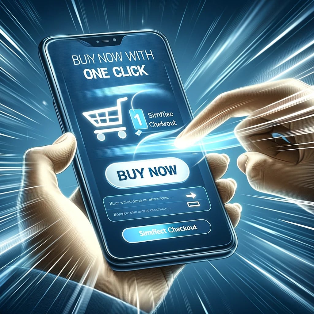 A visually engaging illustration of a customer using a one-click checkout option on a mobile device