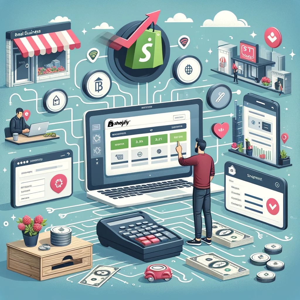 A visually engaging scene depicting a small business owner using Shopify on a laptop