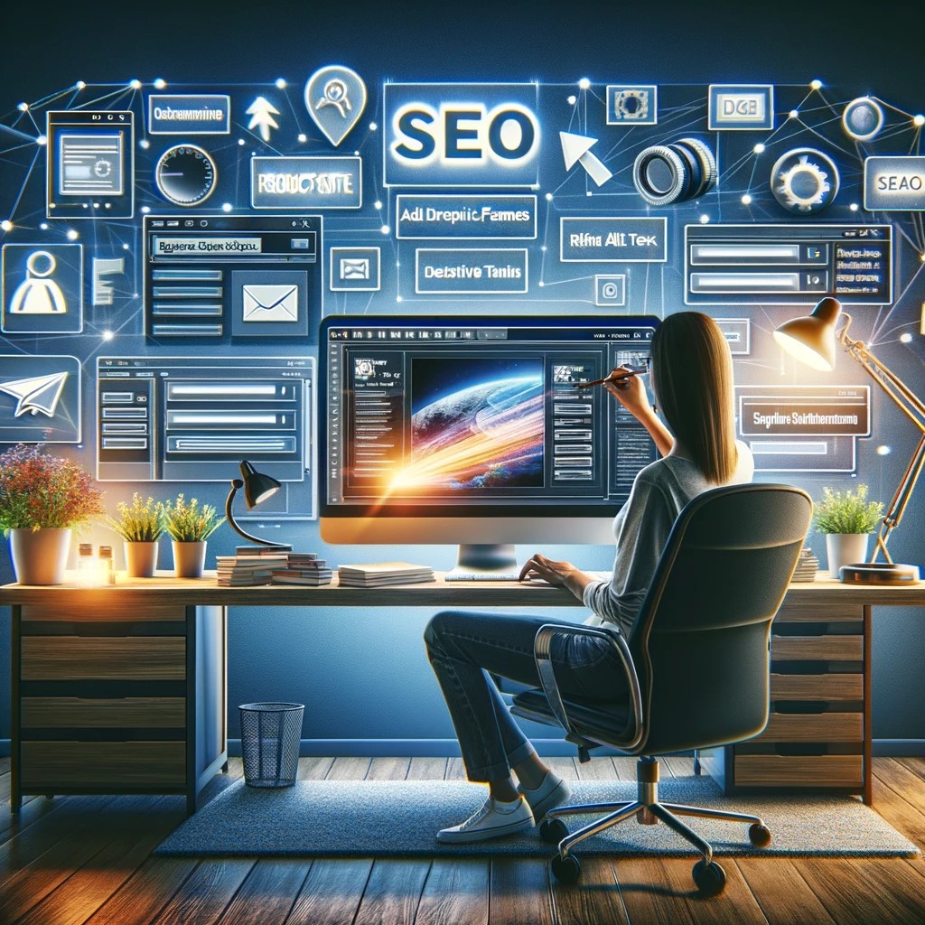 A visually engaging scene depicting an ecommerce site optimizing their images for SEO.