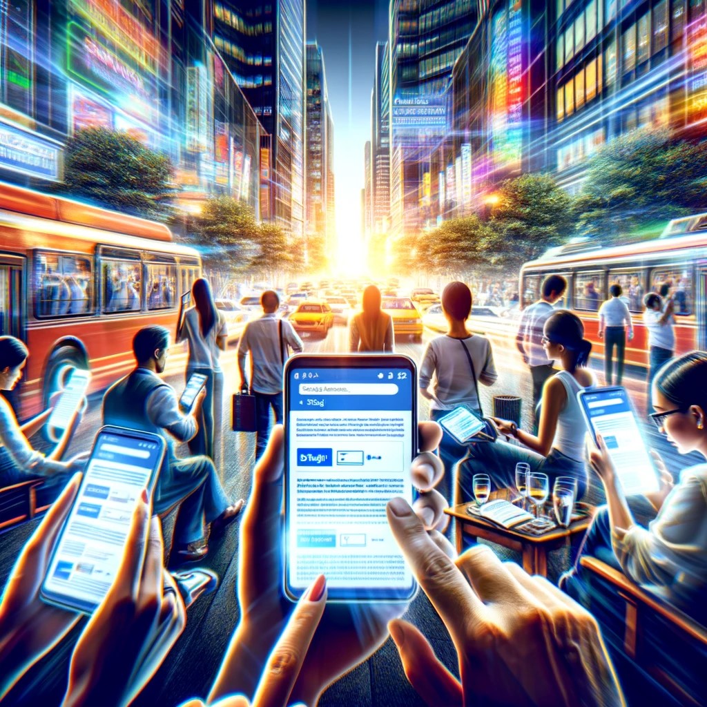 A vivid digital image showcasing a busy street scene with people using their smartphones