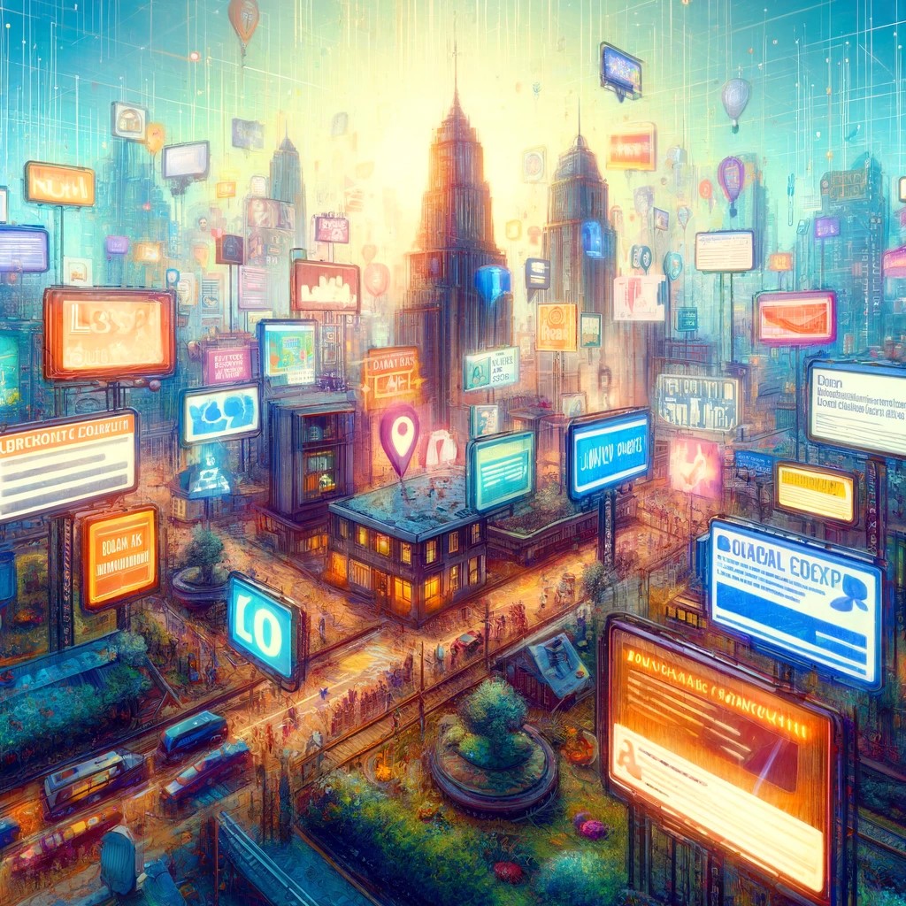 An artistic depiction of a cityscape filled with localized content