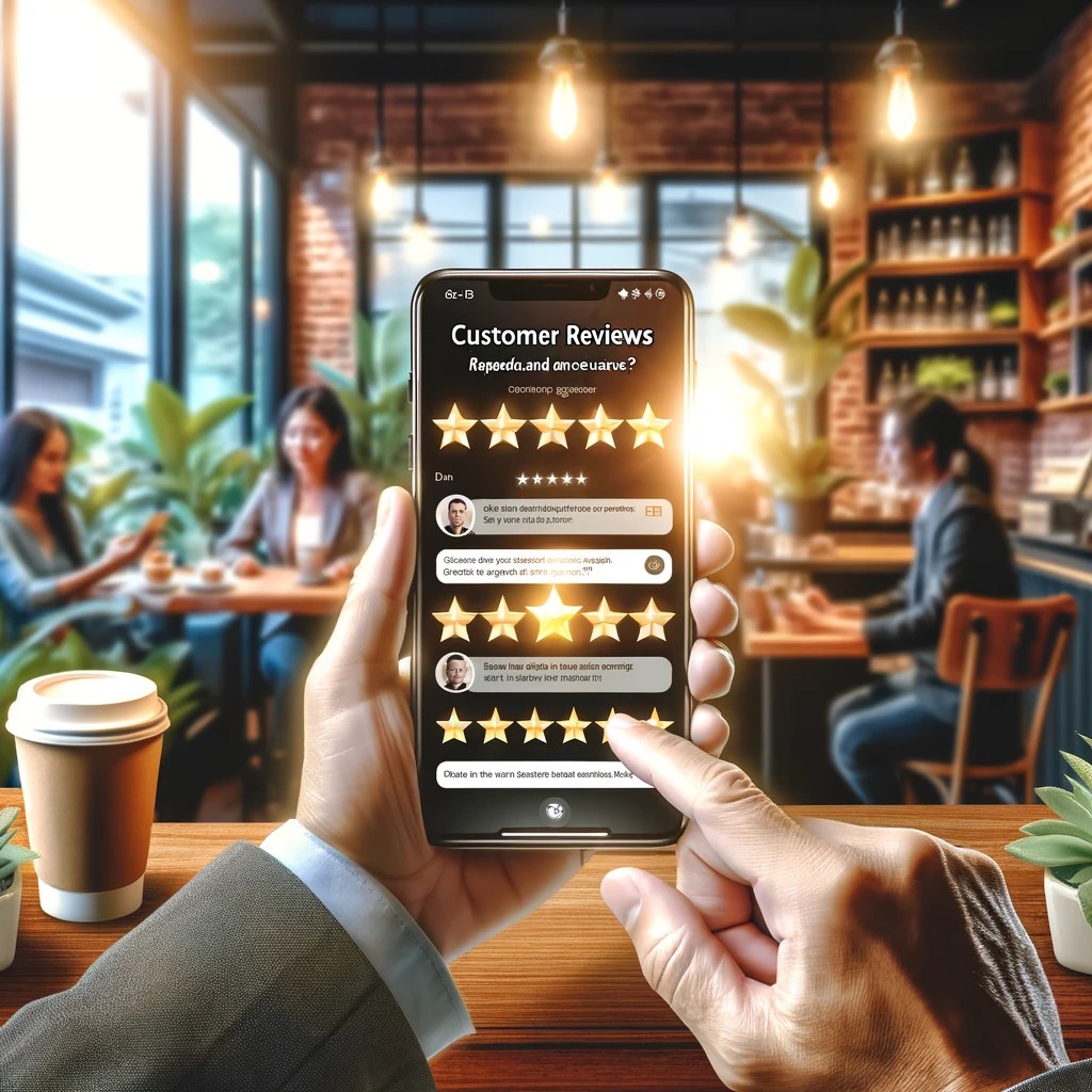 An engaging digital image depicting a business owner managing and encouraging customer reviews on a mobile device.