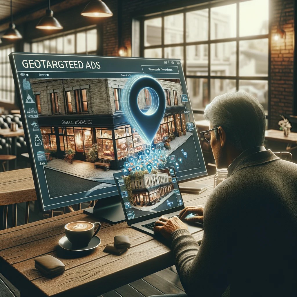 An engaging digital visualization showing a small business owner implementing geotargeted advertising.