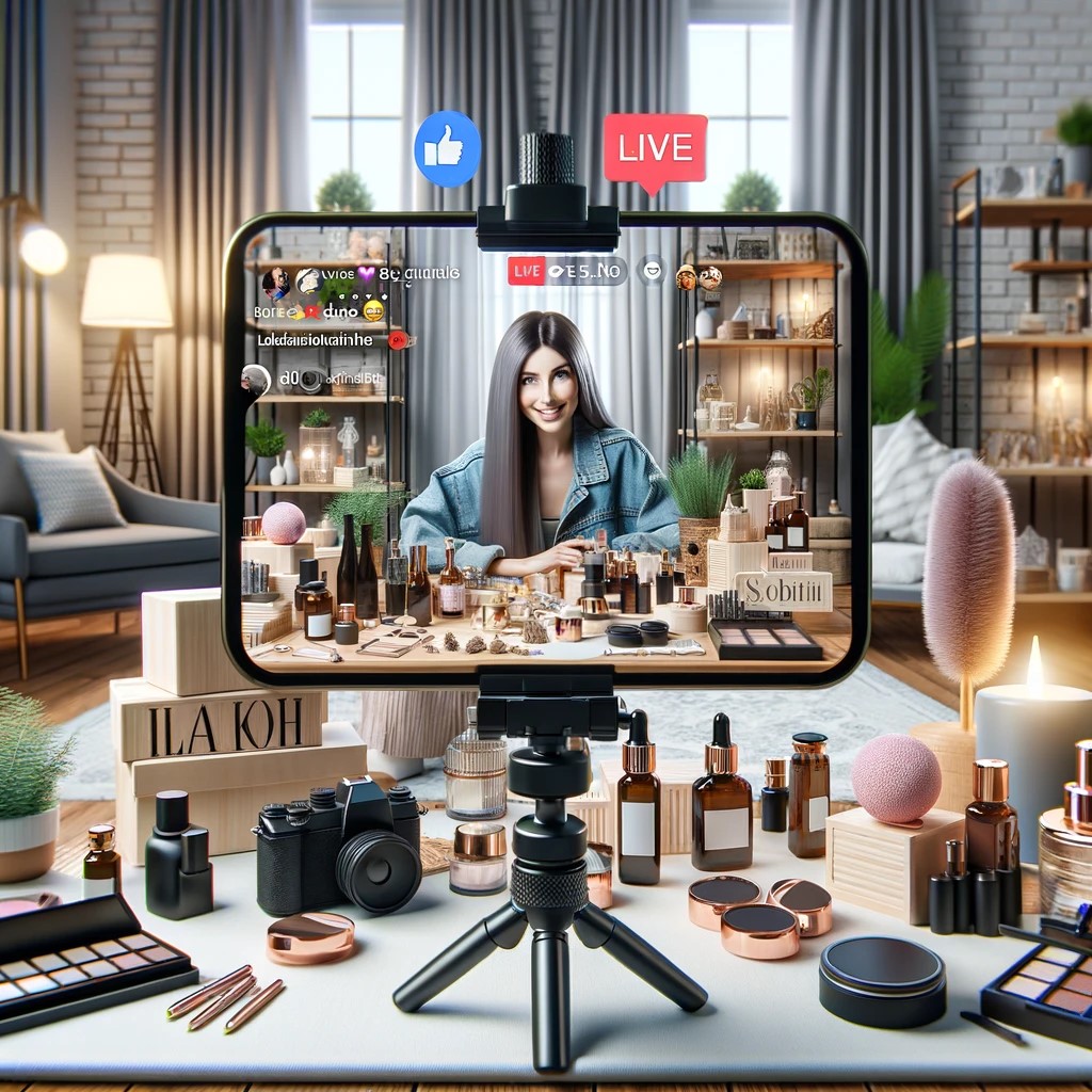 An engaging image showing a social media influencer promoting products through a live stream