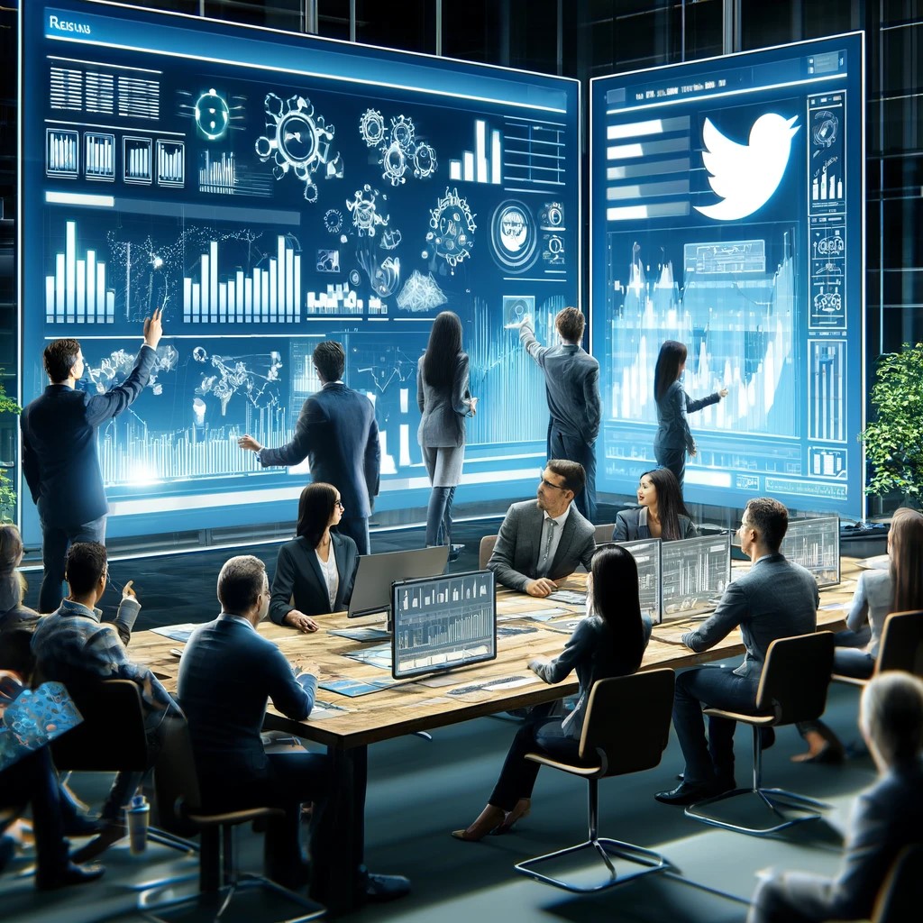 An illustration of a business team analyzing social media analytics on large screens in a modern office