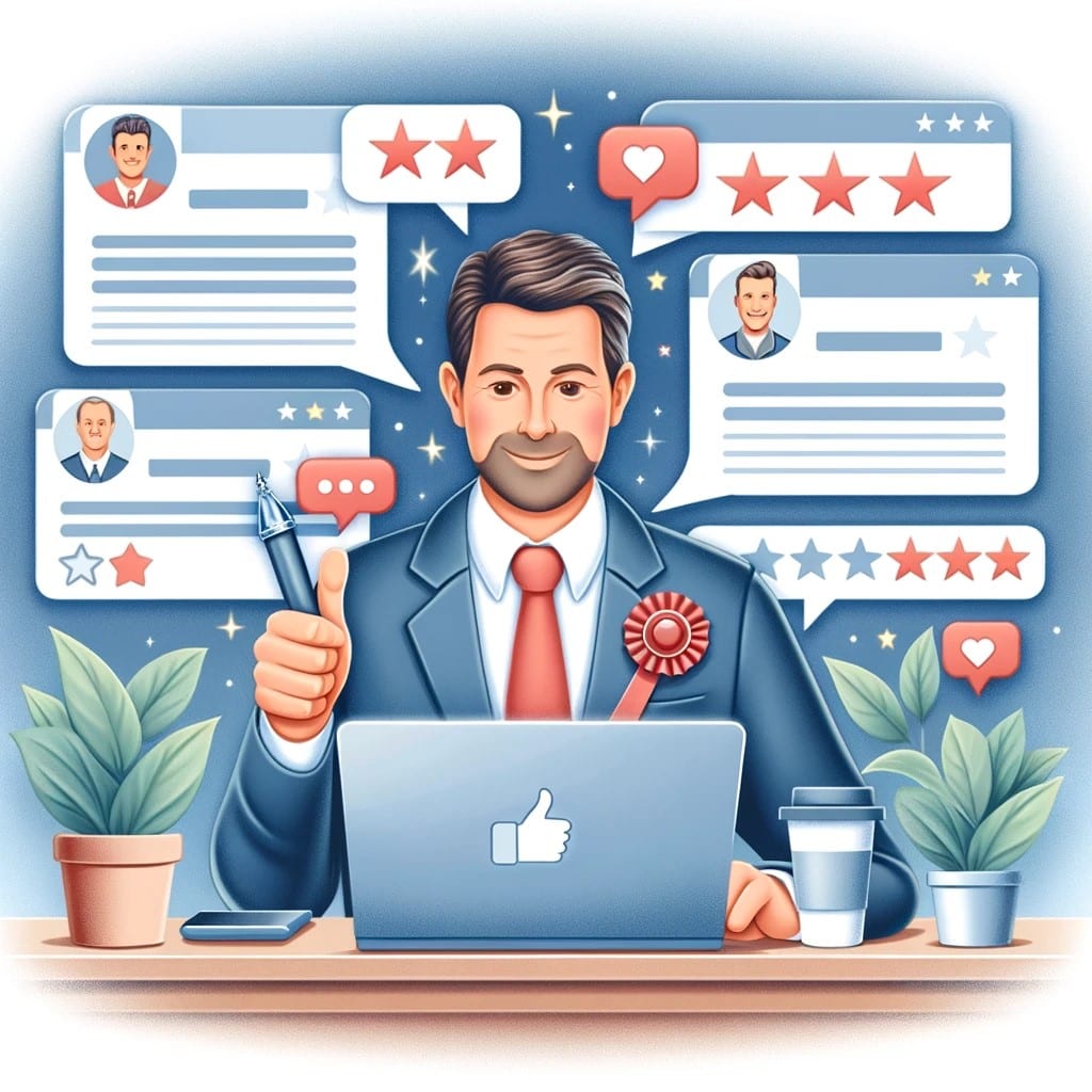 An image depicting a business owner actively managing customer reviews on a digital platform