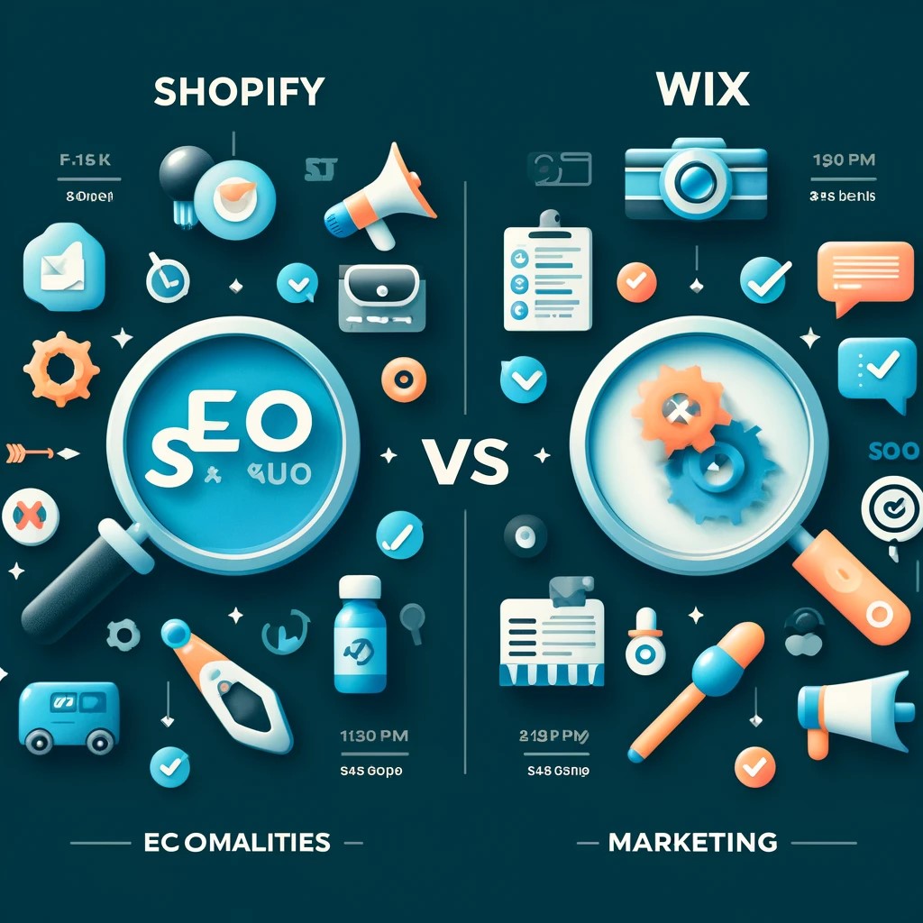 An infographic comparing the SEO capabilities and marketing tools of Shopify and Wix.