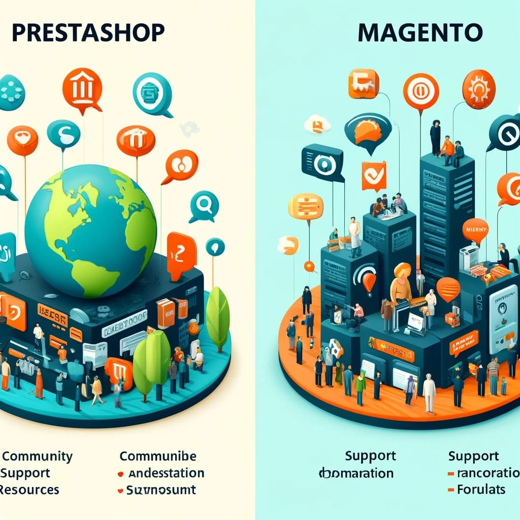 An infographic comparing the community and support resources of PrestaShop and Magento.