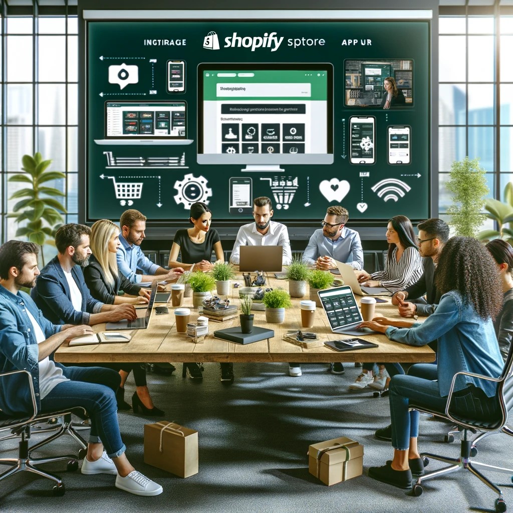 Image of a lively ecommerce strategy meeting discussing the integration of third-party apps with Shopify.