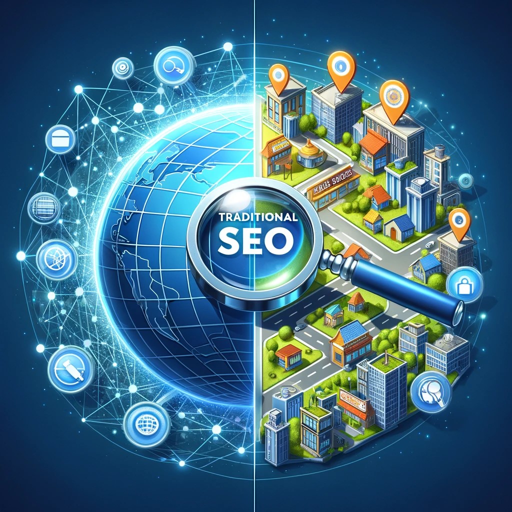 A digital illustration showcasing the concept of Traditional SEO vs. Local SEO.