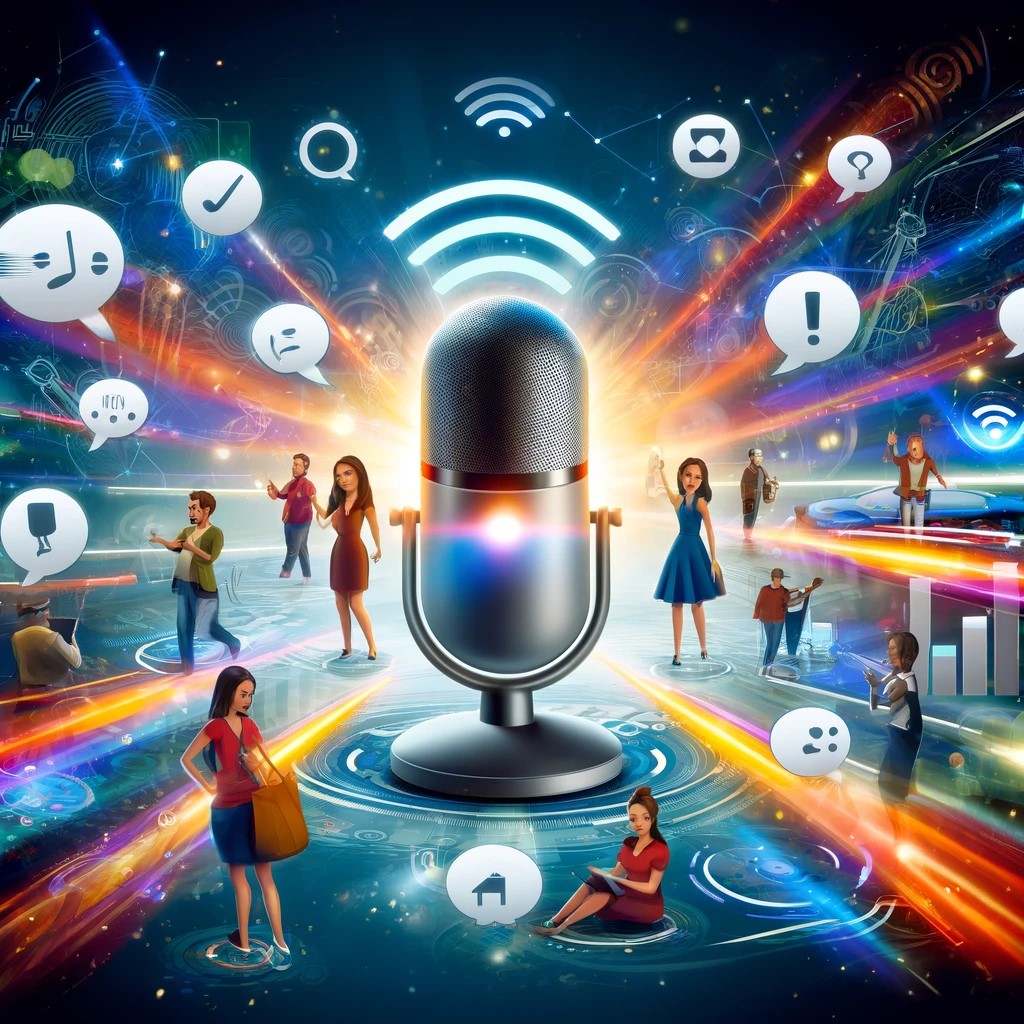 A dynamic digital illustration representing the trend of voice search in local SEO.