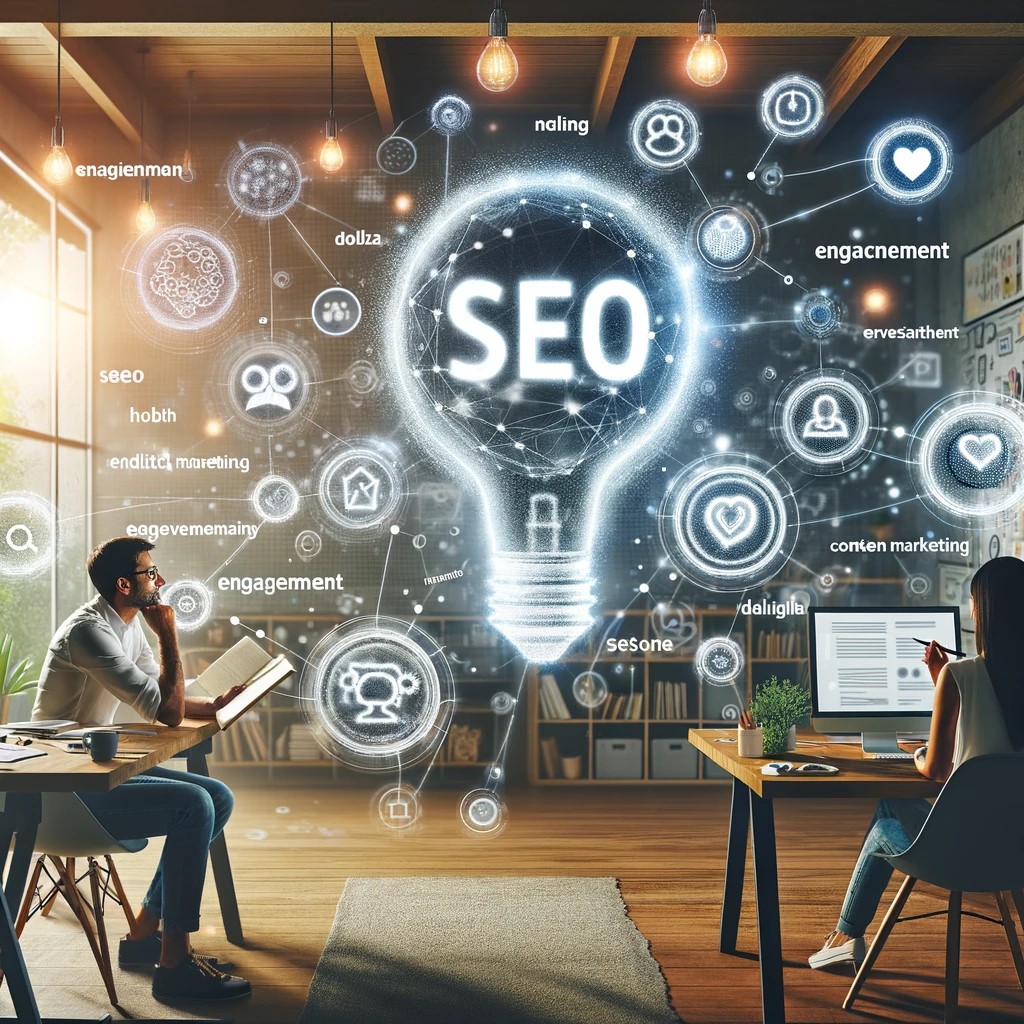 Improve Website Presence: An image showcasing a content writer brainstorming ideas for SEO