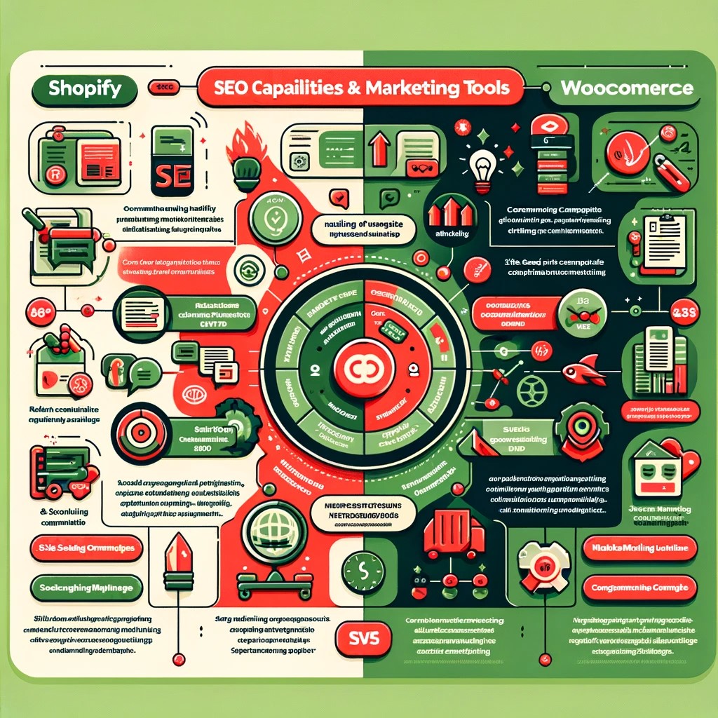 Infographic comparing the SEO capabilities and marketing tools of Shopify and WooCommerce