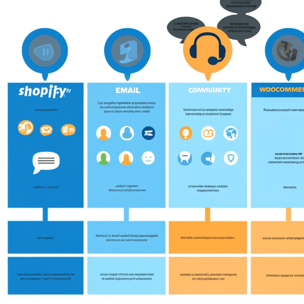 Infographic showcasing customer support options and resources for Shopify and WooCommerce