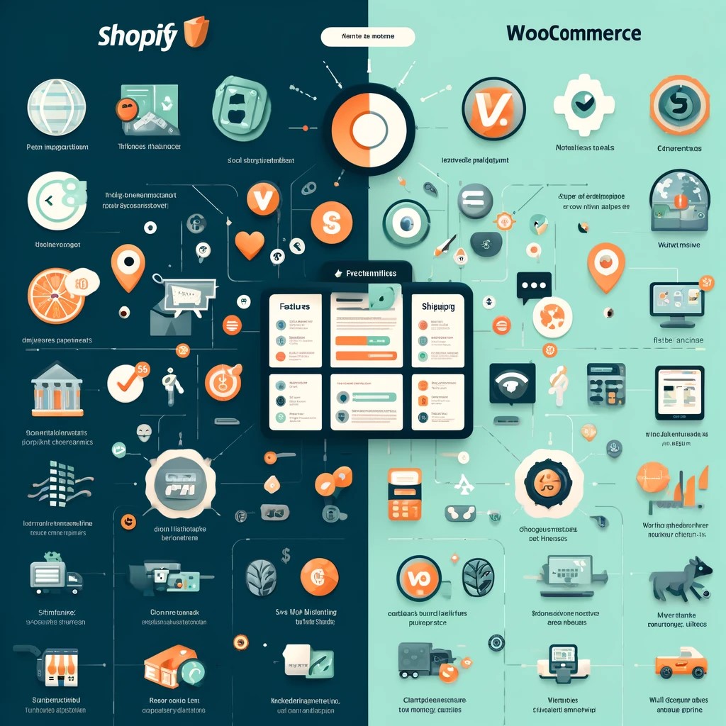 Infographic showcasing the core features and functionalities of Shopify and WooCommerce