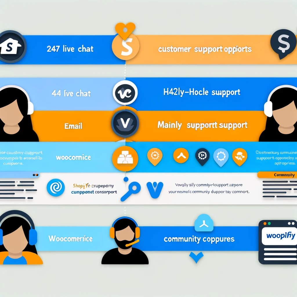 Infographic showcasing the various customer support options for Shopify and WooCommerce