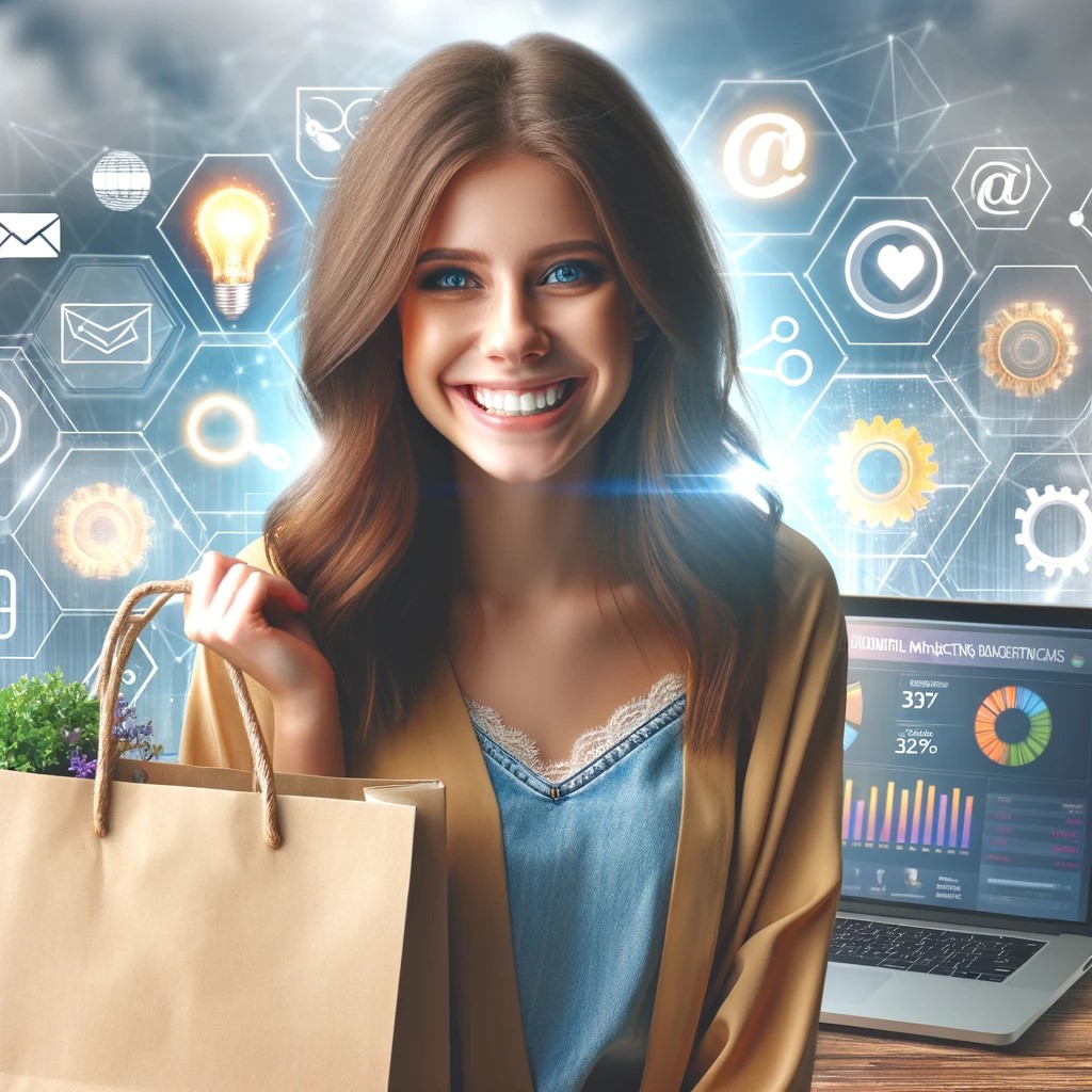 A cheerful girl holding a shopping bag and standing next to a laptop displaying marketing analytics