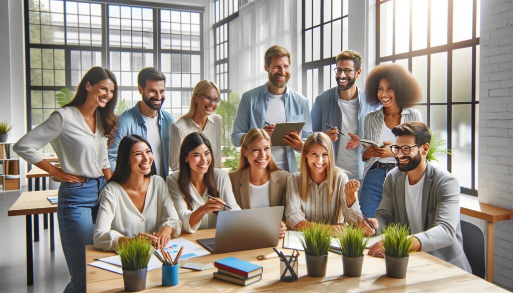 A cheerful team of diverse professionals in a bright, modern office, collaborating on mobile optimization strategies.