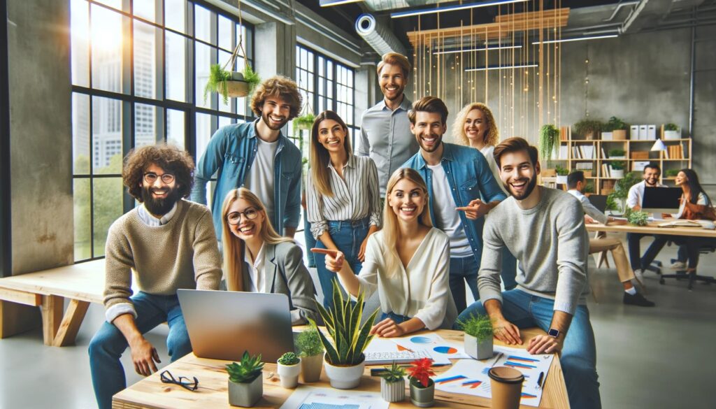 A cheerful team of diverse professionals in a unique, modern office, collaborating on website optimization strategies.