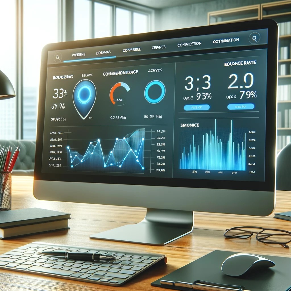 A computer screen displaying a website analytics dashboard with bounce rate metrics and conversion rate graphs.