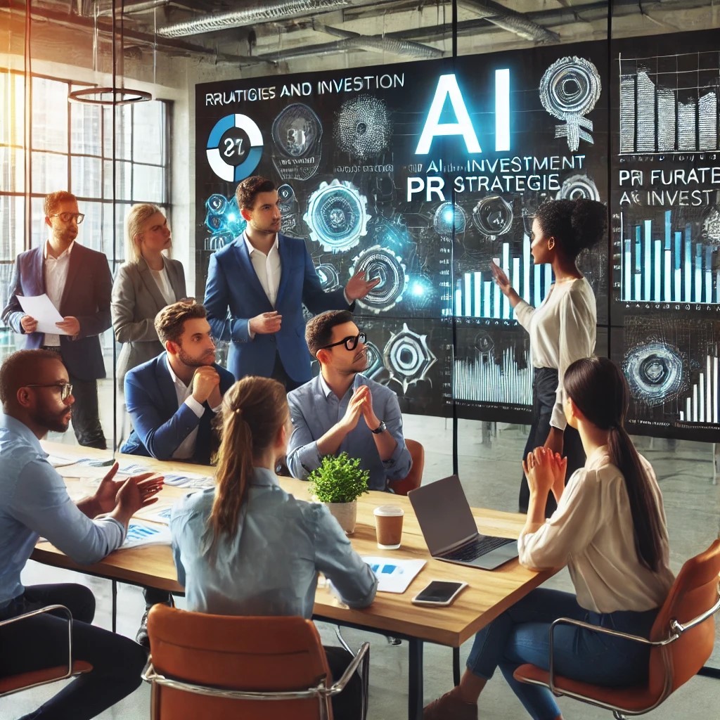 A diverse group of AI professionals collaborating in a modern office environment