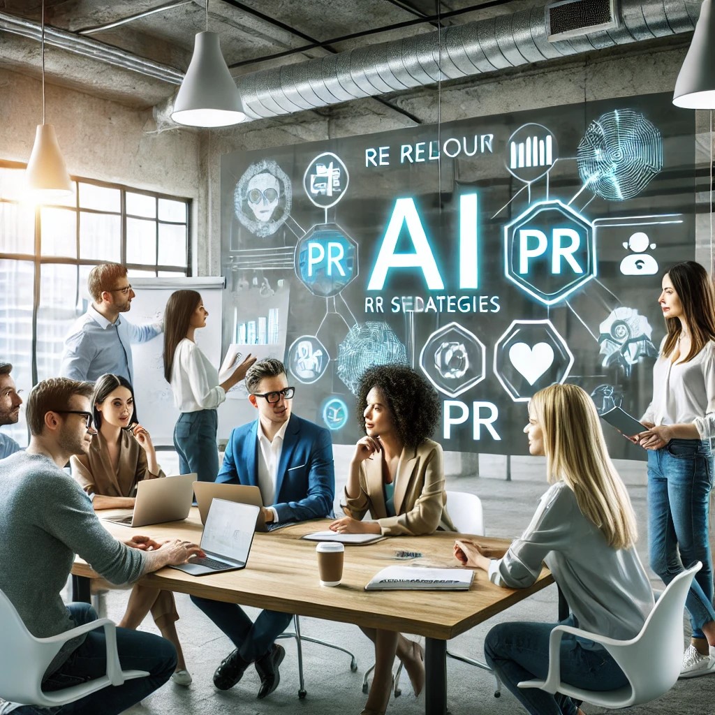 A diverse group of AI professionals discussing the role of PR in promoting AI innovation