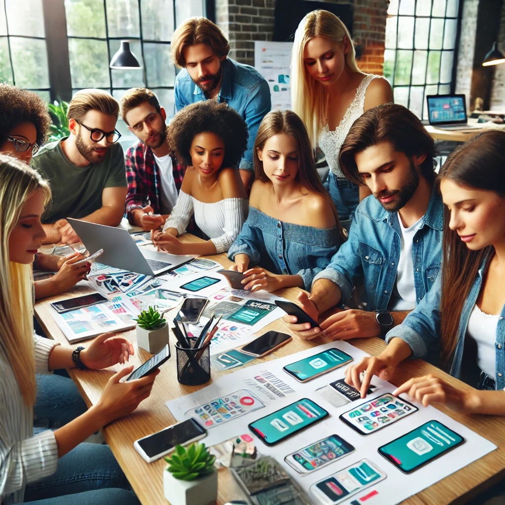 A diverse group of influencers working together on promoting a mobile app.