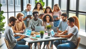 A diverse group of people in a bright, modern office discussing website accessibility using laptops and tablets.