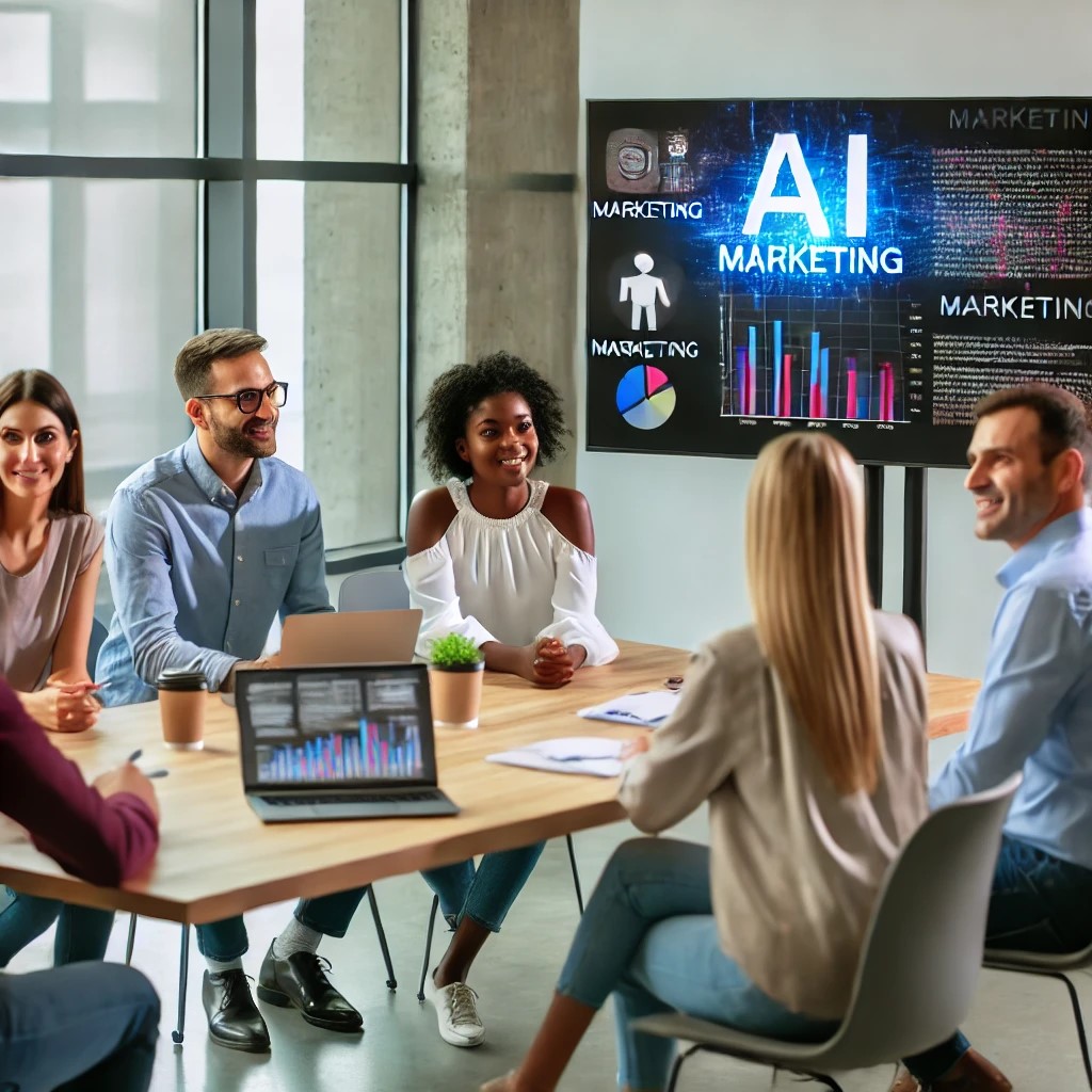 A diverse group of professionals discussing AI marketing strategies