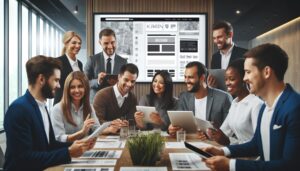 A diverse group of smiling business owners examining website design elements