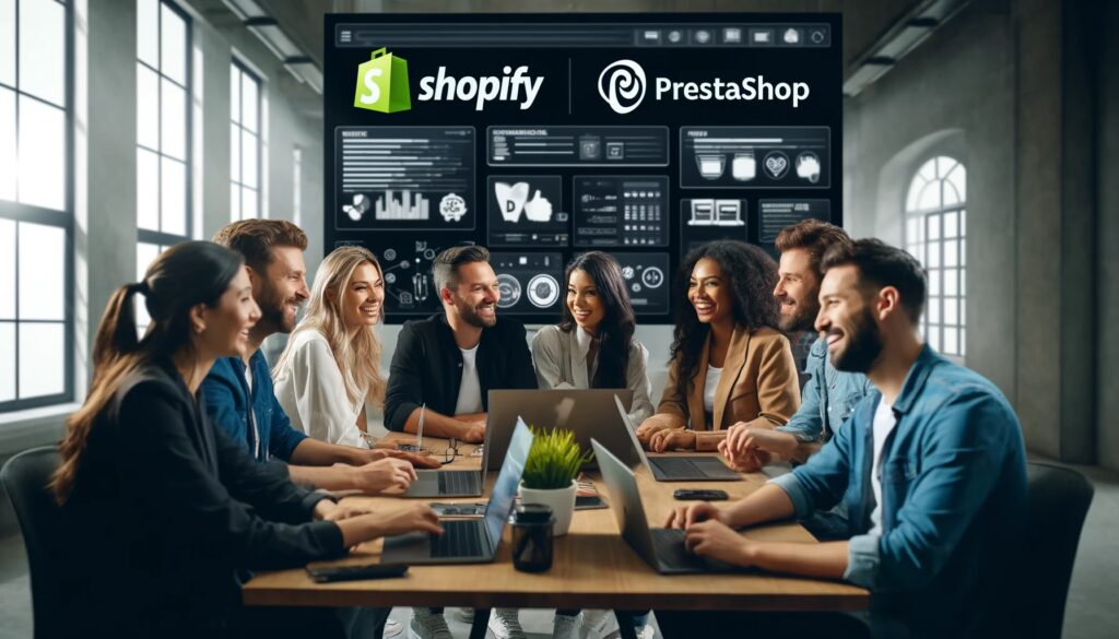 A diverse team of smiling professionals in a modern office, discussing and comparing Shopify and PrestaShop.