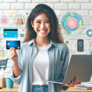 A girl holding a credit card and standing next to a laptop displaying an online store.