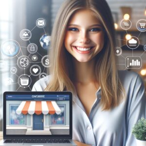 Overcoming Marketing Challenges in E-commerce: A girl standing next to a laptop displaying an online store and surrounded by icons